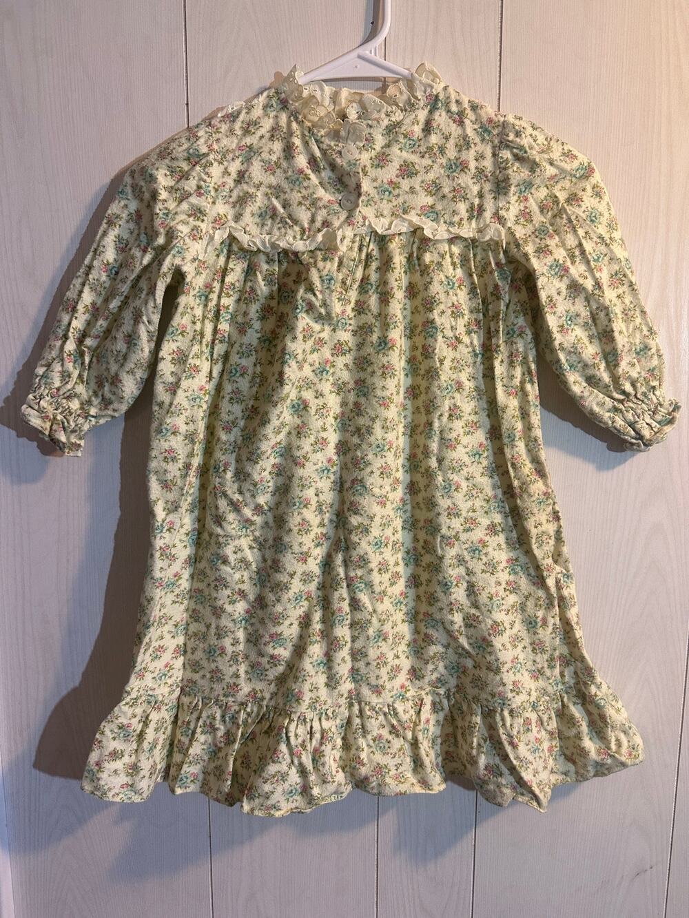 Girls Calico Floral Nightgown Dress Lace Trim Cottagecore Prairie Yellow